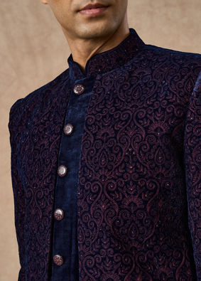Manyavar Men Dark Blue Velvet Indo Western