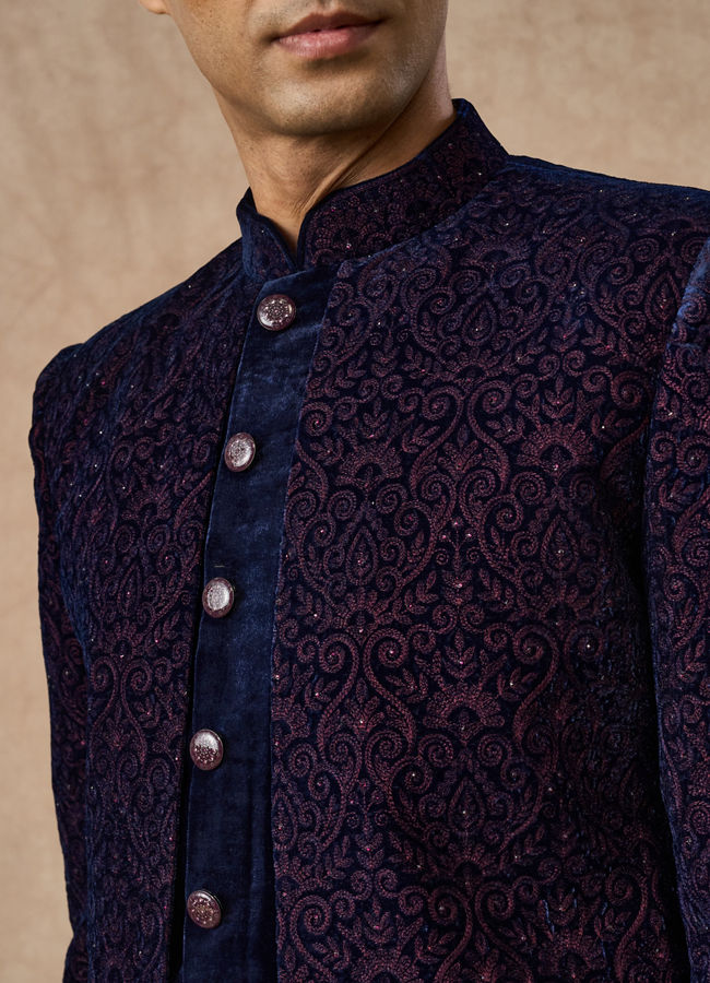Manyavar Men Dark Blue Velvet Indo Western