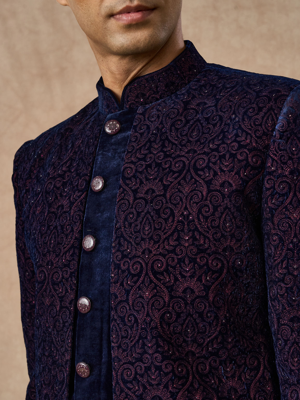 Manyavar Men Dark Blue Velvet Indo Western