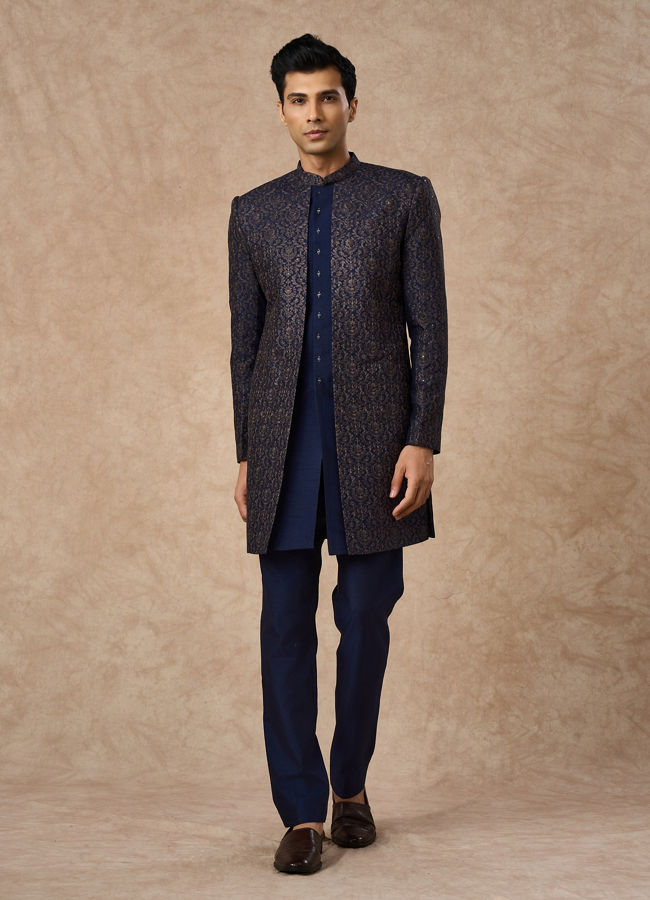 Manyavar Men Dark Blue Art Silk Indo Western