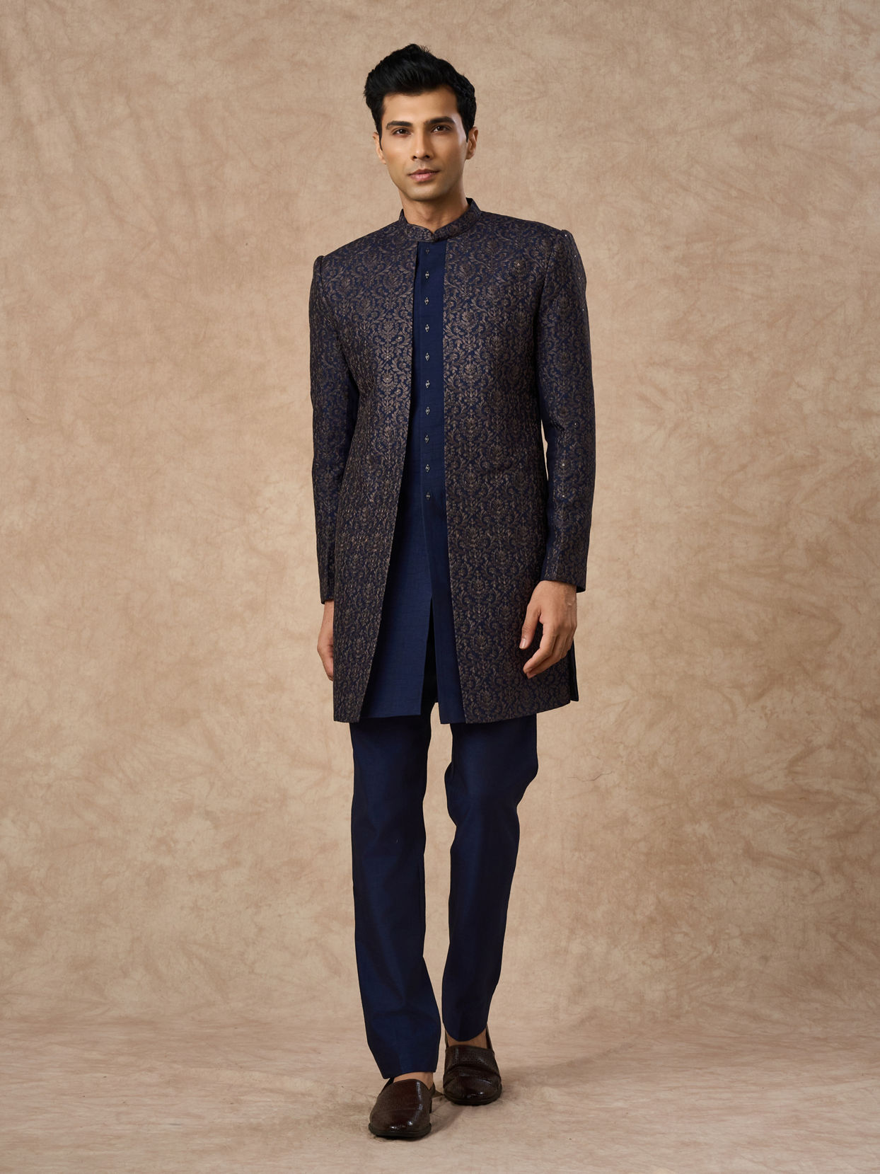 Manyavar Men Dark Blue Art Silk Indo Western