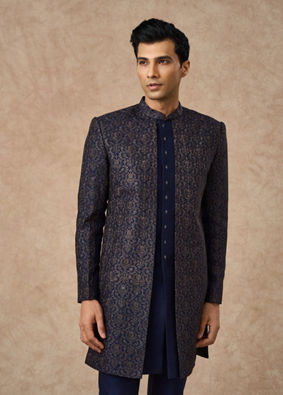 Manyavar Men Dark Blue Art Silk Indo Western