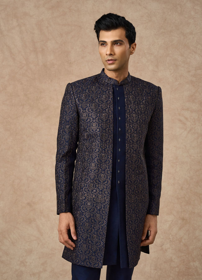 Manyavar Men Dark Blue Art Silk Indo Western