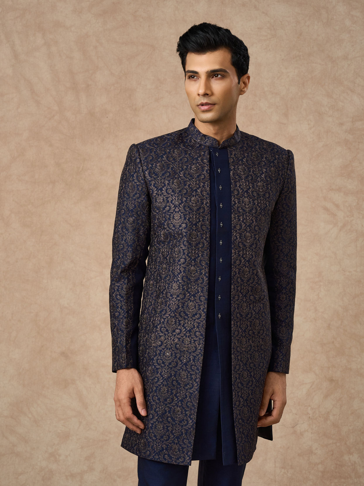 Manyavar Men Dark Blue Art Silk Indo Western