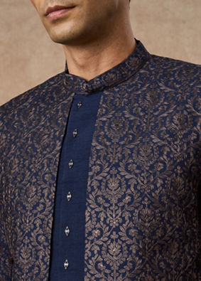 Manyavar Men Dark Blue Art Silk Indo Western