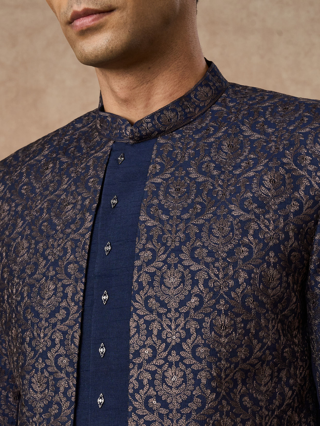 Manyavar Men Dark Blue Art Silk Indo Western