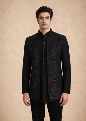 Manyavar Men Black Blended Rayon Indo Western Suit