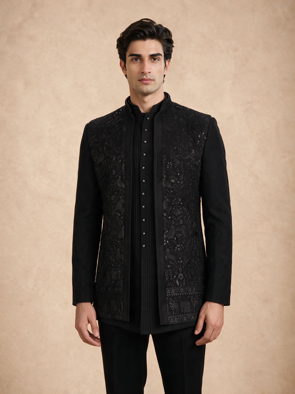 Manyavar Men Black Blended Rayon Indo Western Suit