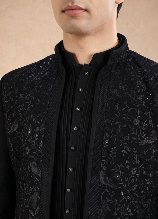 Manyavar Men Black Blended Rayon Indo Western Suit