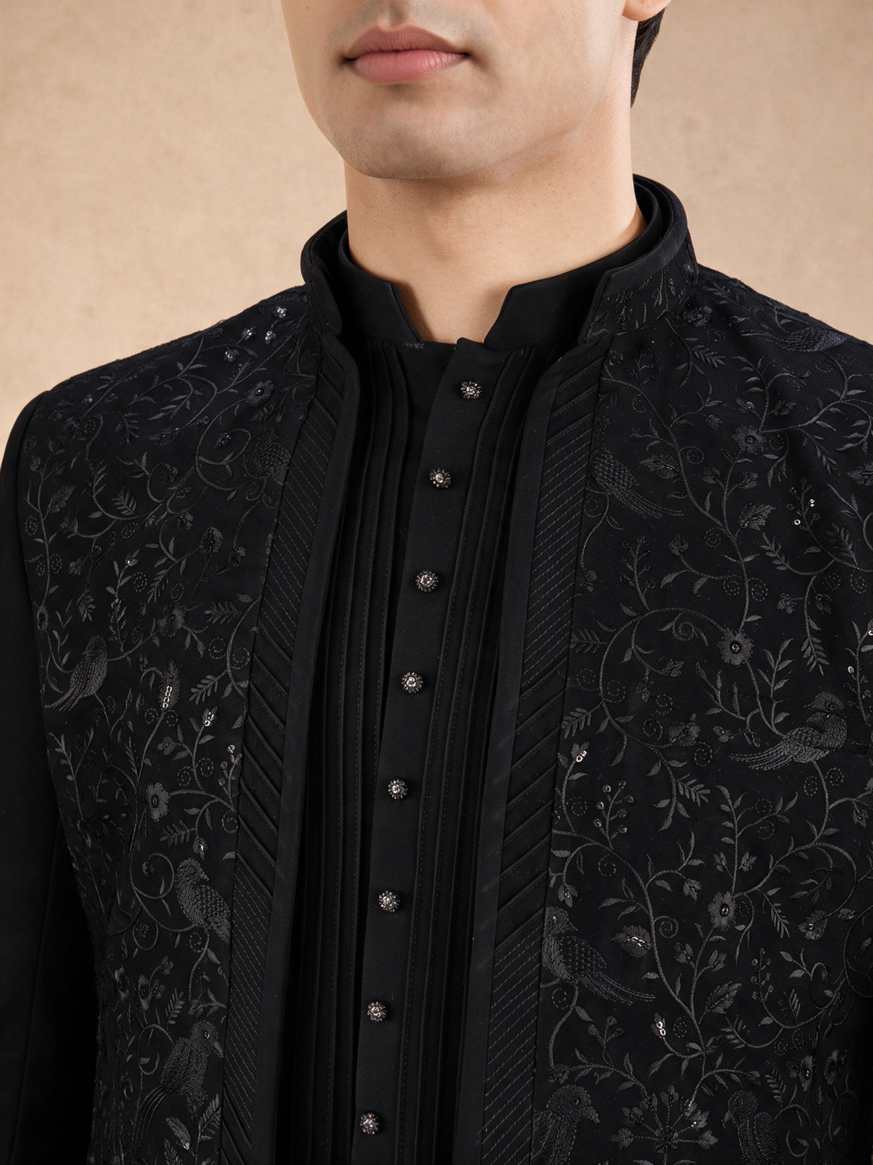 Manyavar Men Black Blended Rayon Indo Western Suit