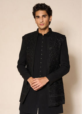 Manyavar Men Black Blended Rayon Indo Western Suit