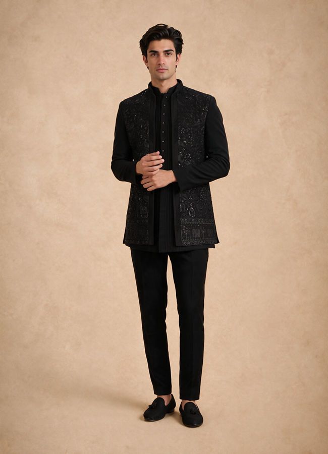 Manyavar Men Black Blended Rayon Indo Western Suit