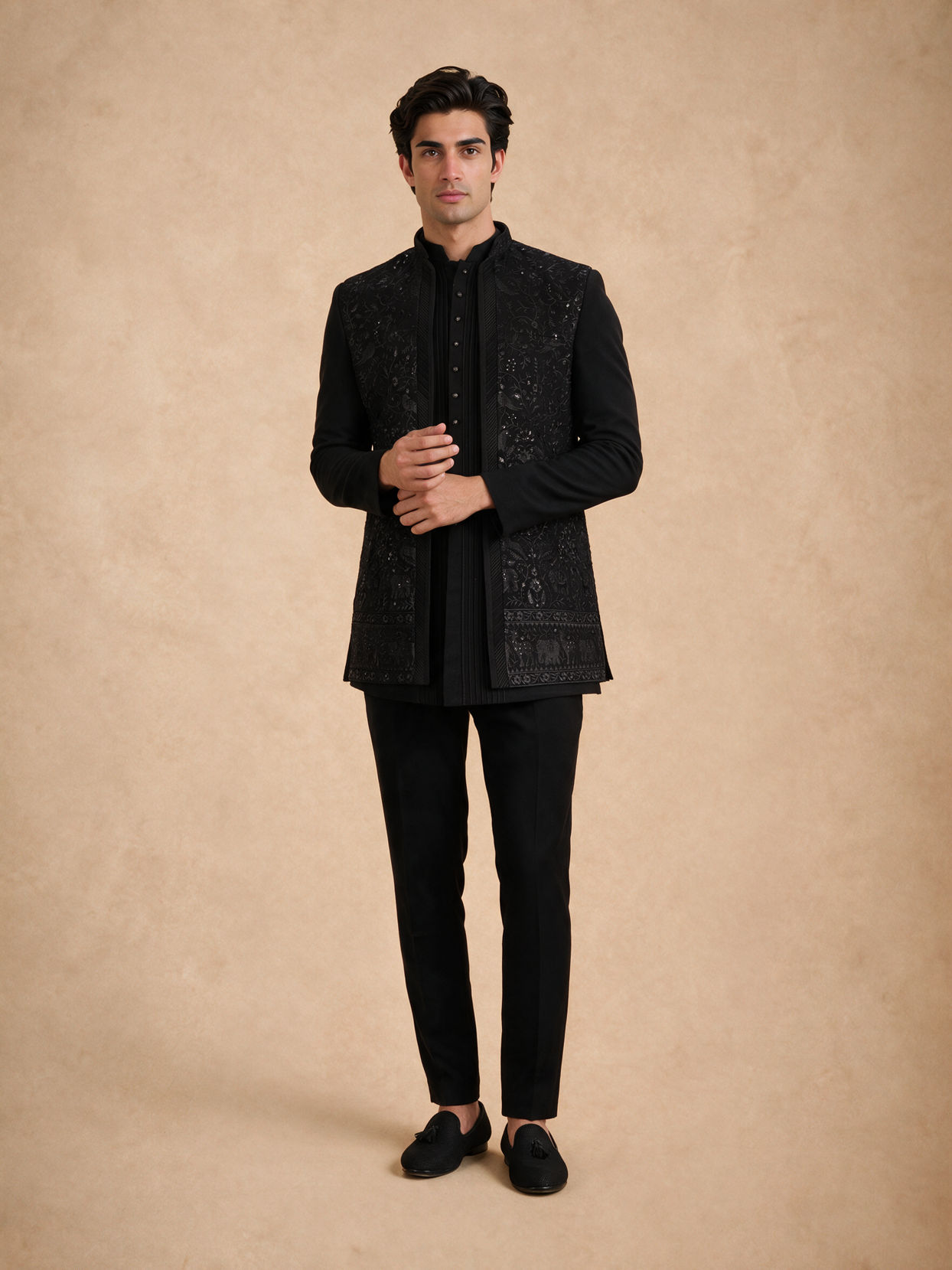 Manyavar Men Black Blended Rayon Indo Western Suit