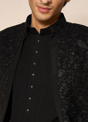 Manyavar Men Black Blended Rayon Indo Western Suit