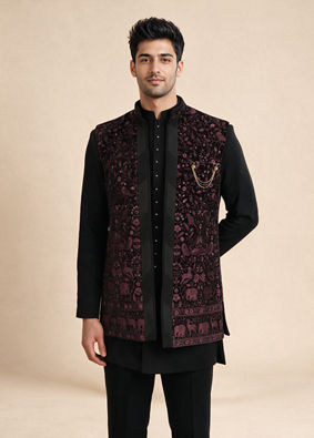 Manyavar Men Black Velvet Indo Western with Embroidered Detail