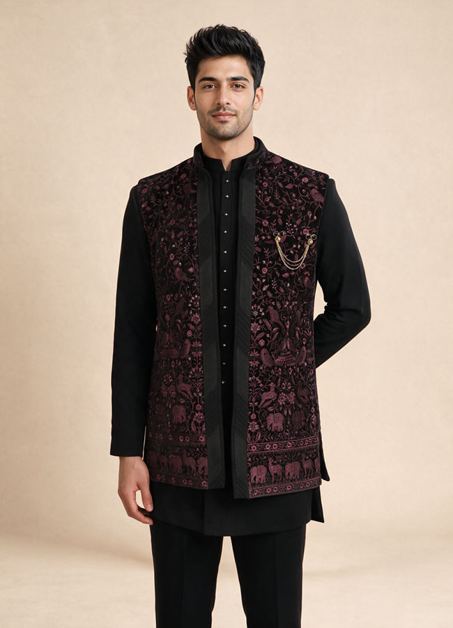 Manyavar Men Black Velvet Indo Western with Embroidered Detail