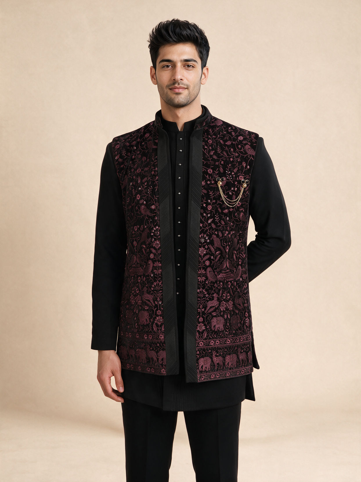 Manyavar Men Black Velvet Indo Western with Embroidered Detail