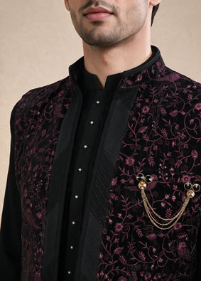 Manyavar Men Black Velvet Indo Western with Embroidered Detail