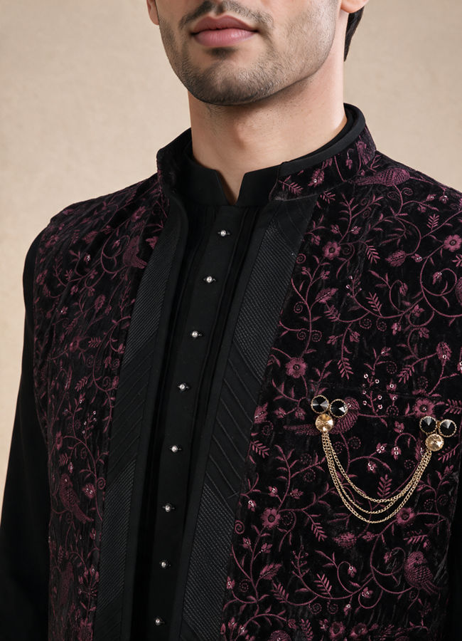 Manyavar Men Black Velvet Indo Western with Embroidered Detail