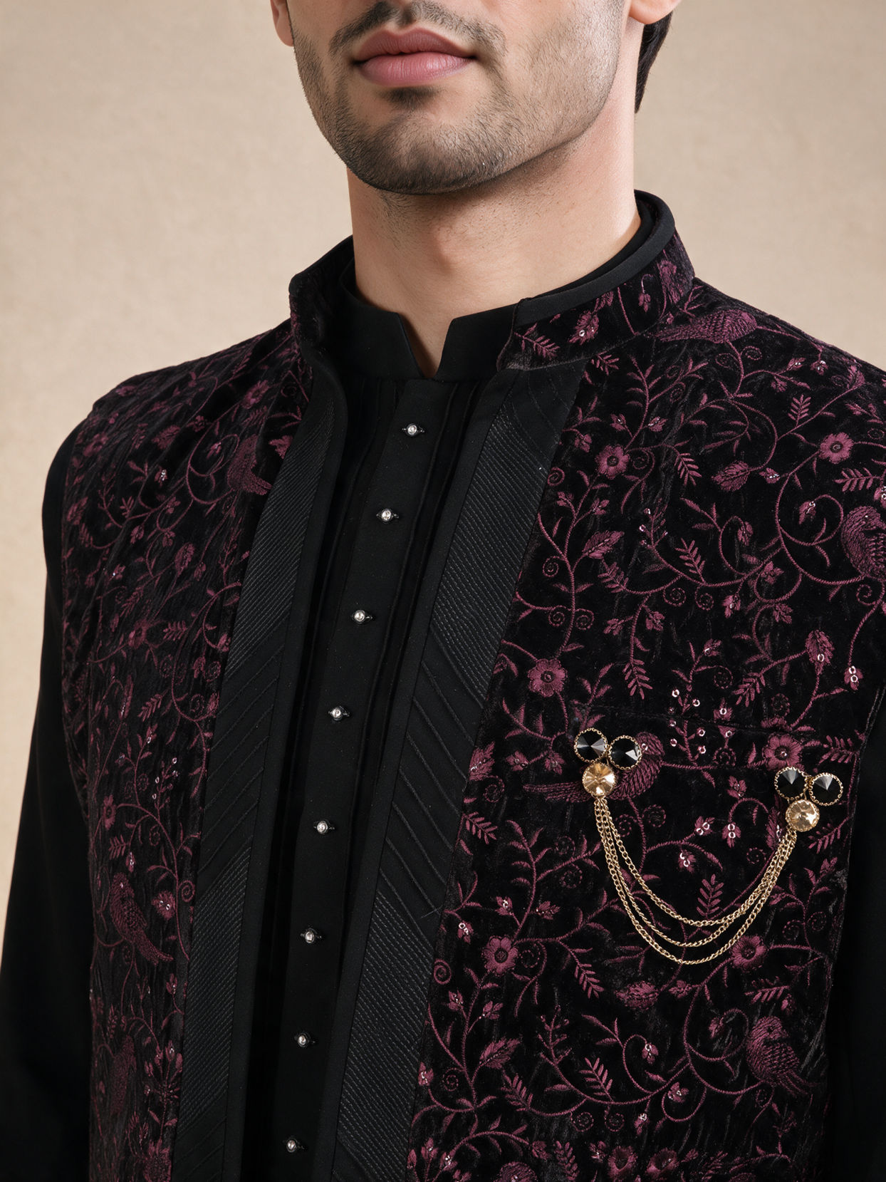 Manyavar Men Black Velvet Indo Western with Embroidered Detail