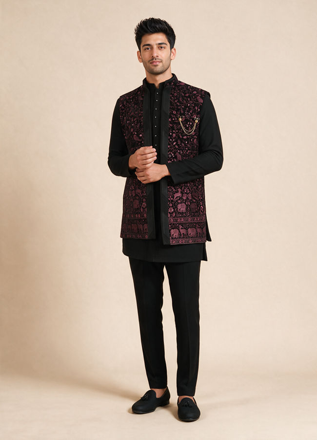 Manyavar Men Black Velvet Indo Western with Embroidered Detail
