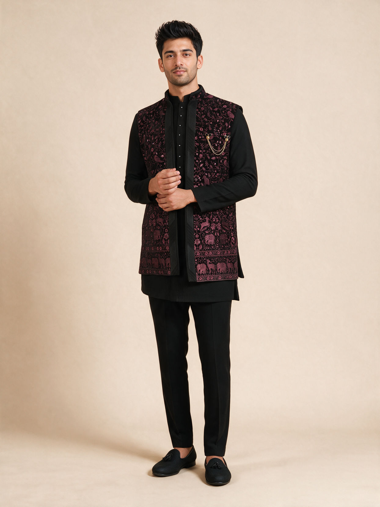 Manyavar Men Black Velvet Indo Western with Embroidered Detail