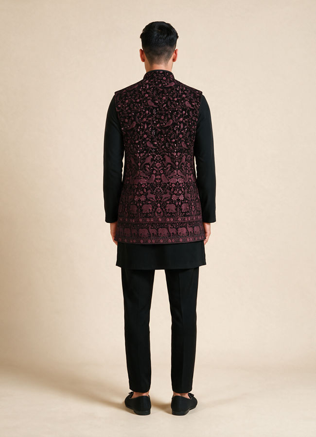 Manyavar Men Black Velvet Indo Western with Embroidered Detail