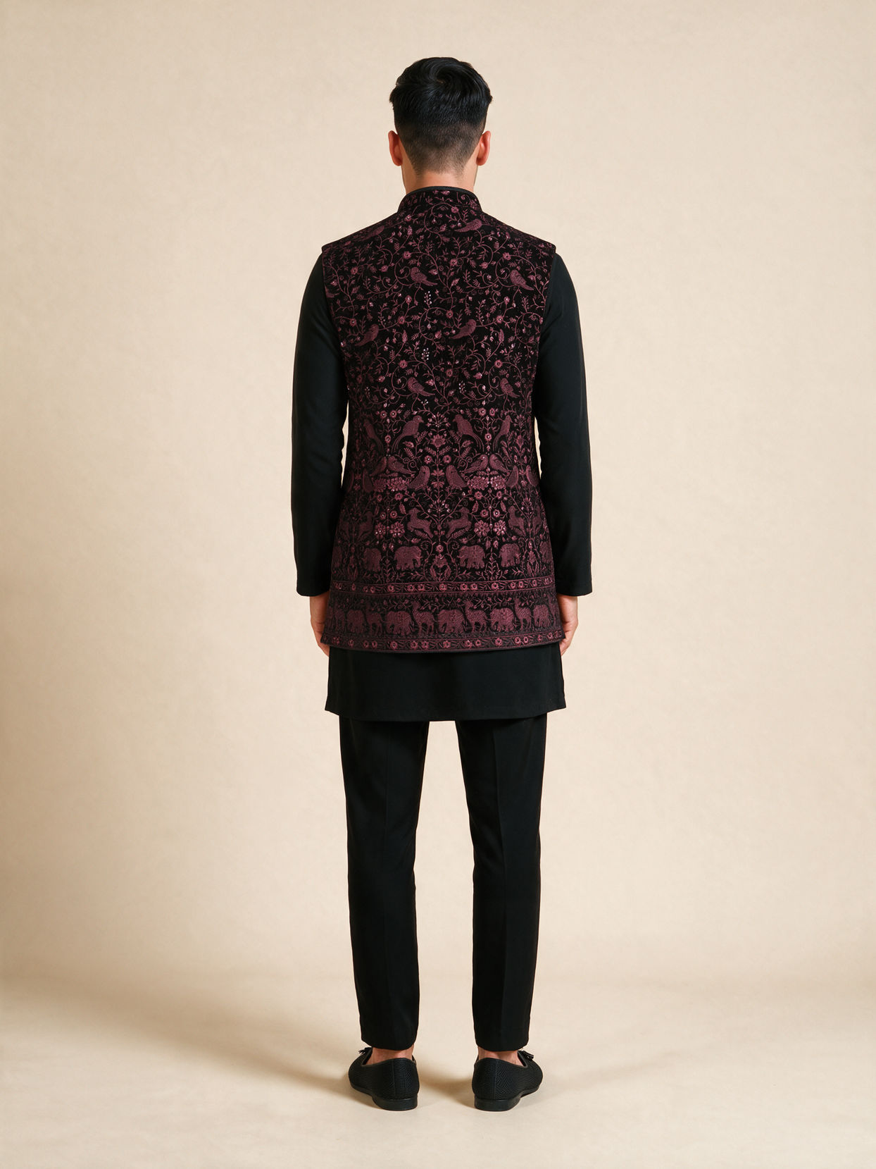 Manyavar Men Black Velvet Indo Western with Embroidered Detail
