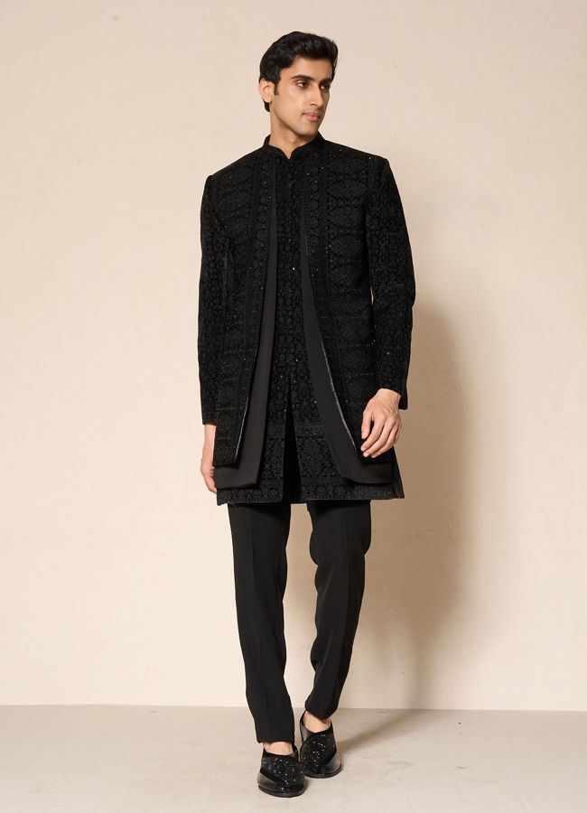 Manyavar Men Black Velvet Indo Western with Embroidery