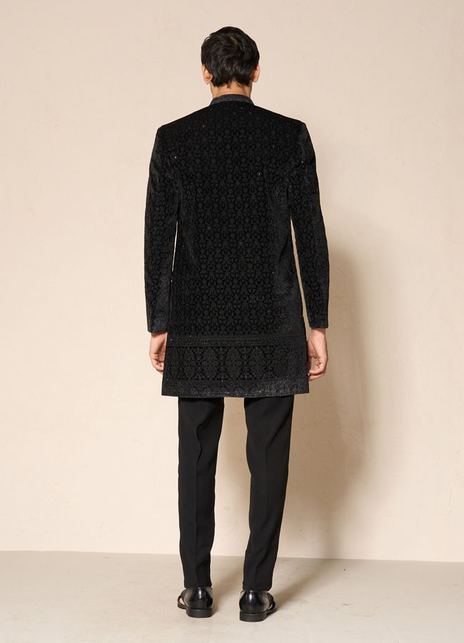 Manyavar Men Black Velvet Indo Western with Embroidery
