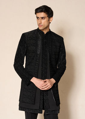 Manyavar Men Black Velvet Indo Western with Embroidery