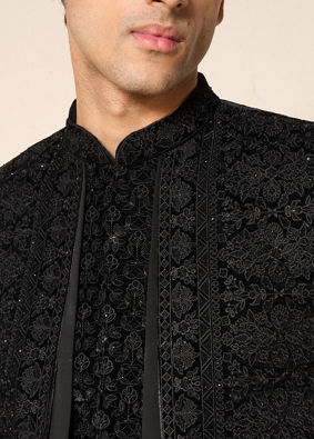 Manyavar Men Black Velvet Indo Western with Embroidery