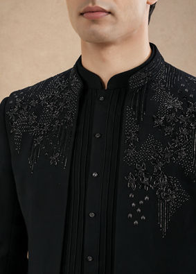 Manyavar Men Black Blended Rayon Indo Western Suit