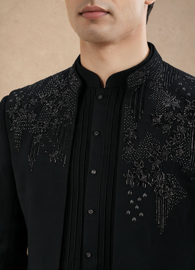 Manyavar Men Black Blended Rayon Indo Western Suit