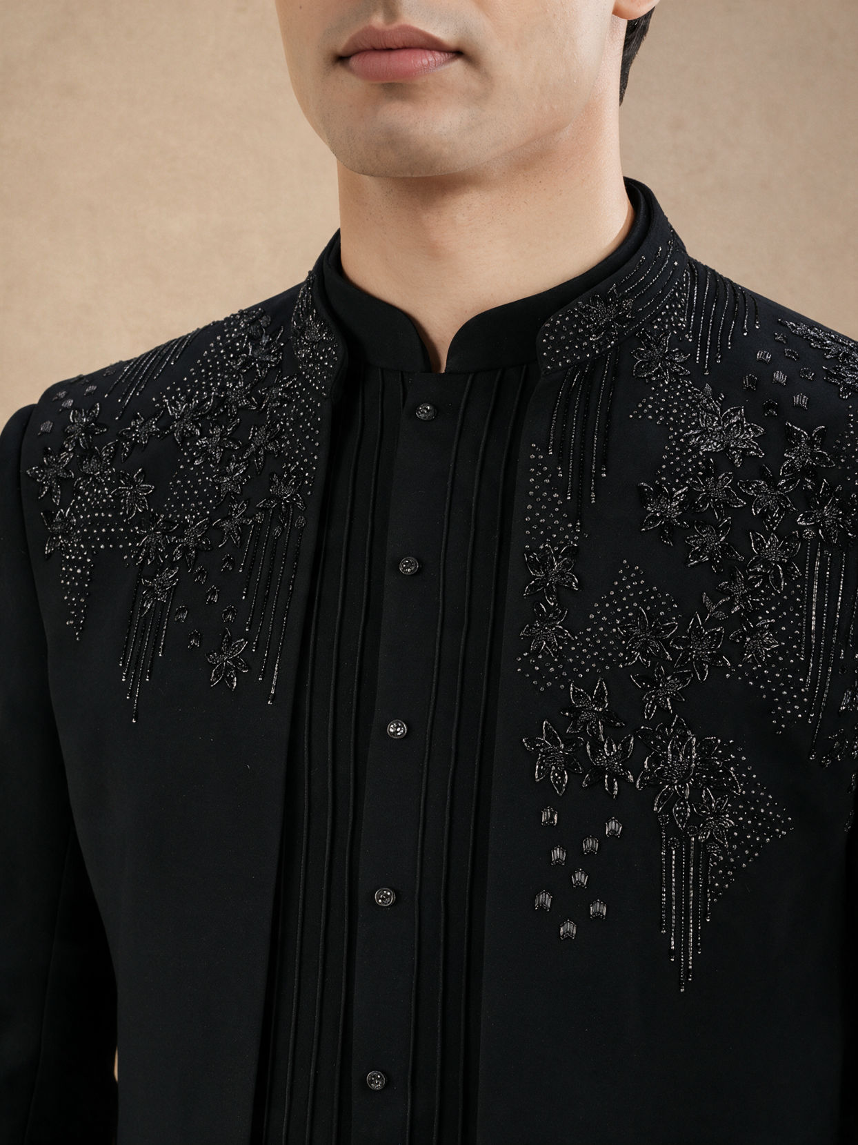 Manyavar Men Black Blended Rayon Indo Western Suit
