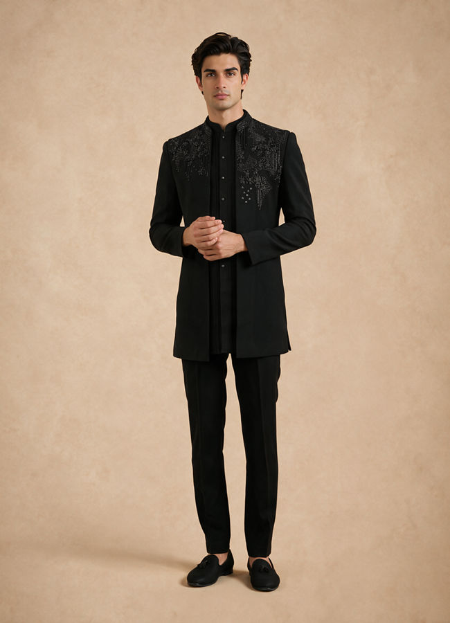 Manyavar Men Black Blended Rayon Indo Western Suit