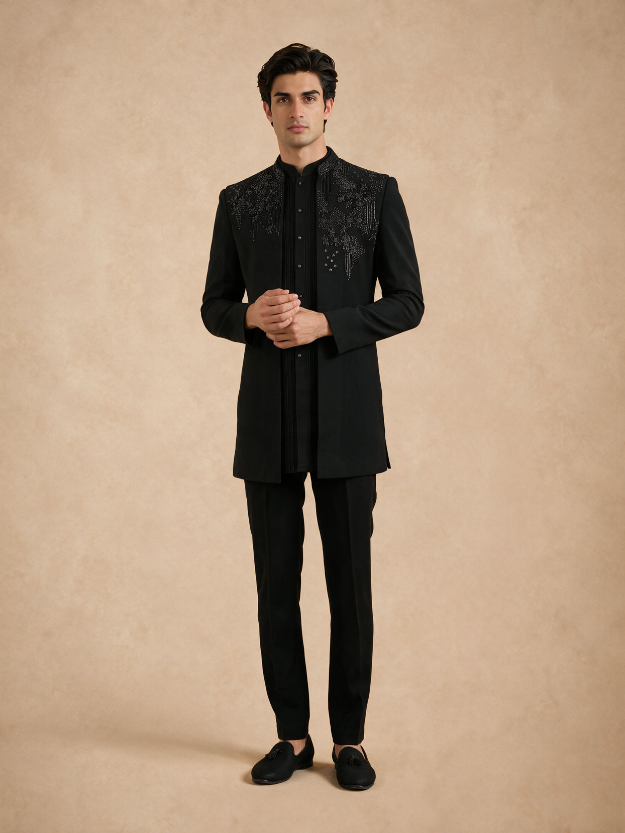 Manyavar Men Black Blended Rayon Indo Western Suit