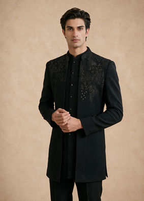 Manyavar Men Black Blended Rayon Indo Western Suit