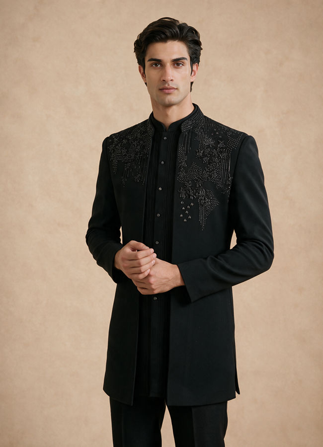 Manyavar Men Black Blended Rayon Indo Western Suit