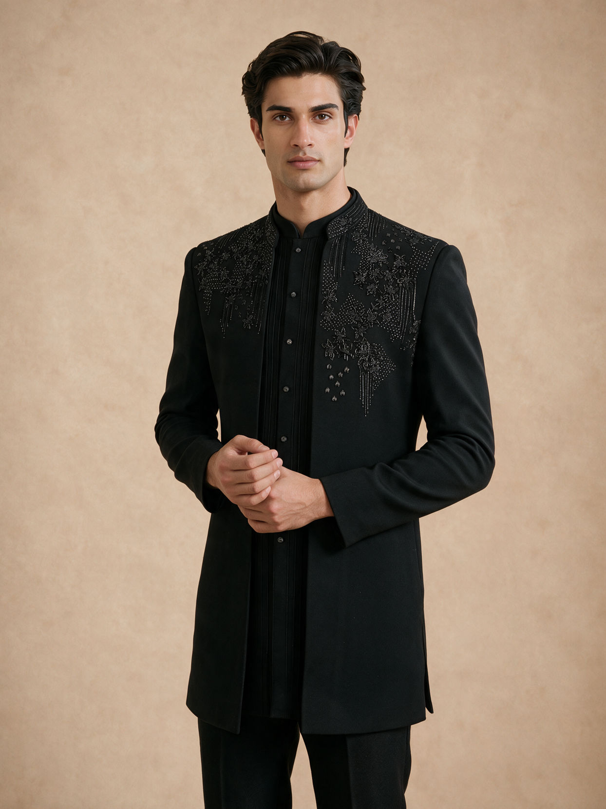 Manyavar Men Black Blended Rayon Indo Western Suit