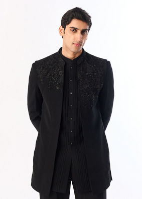 Manyavar Men Black Blended Rayon Indo Western Suit