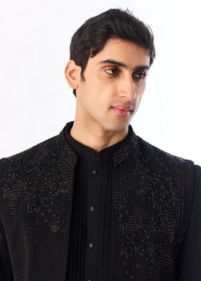 Manyavar Men Black Blended Rayon Indo Western Suit