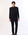 Manyavar Men Black Blended Rayon Indo Western Suit with Embroidered Detail