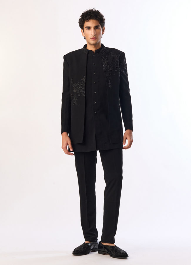 Manyavar Men Black Blended Rayon Indo Western Suit with Embroidered Detail