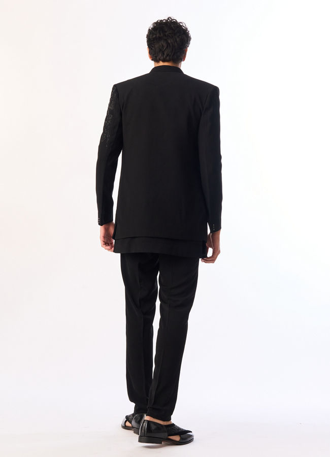 Manyavar Men Black Blended Rayon Indo Western Suit with Embroidered Detail