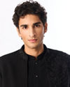 Manyavar Men Black Blended Rayon Indo Western Suit with Embroidered Detail