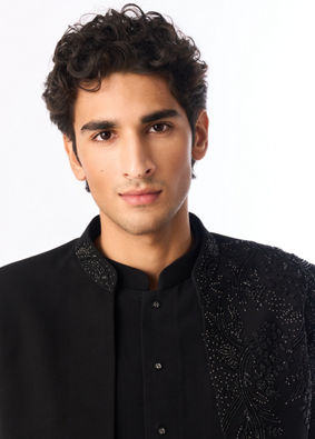 Manyavar Men Black Blended Rayon Indo Western Suit with Embroidered Detail