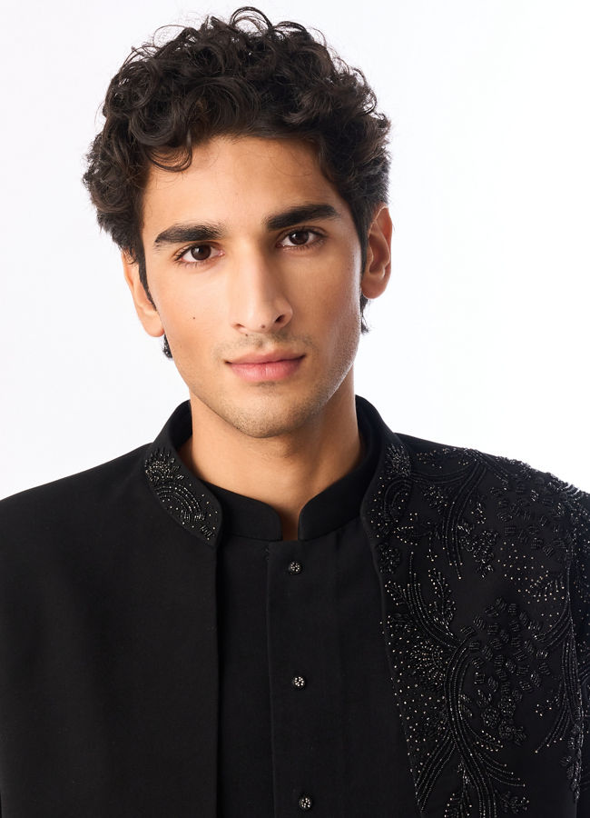 Manyavar Men Black Blended Rayon Indo Western Suit with Embroidered Detail