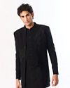 Manyavar Men Black Blended Rayon Indo Western Suit with Embroidered Detail