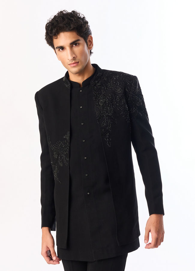 Manyavar Men Black Blended Rayon Indo Western Suit with Embroidered Detail
